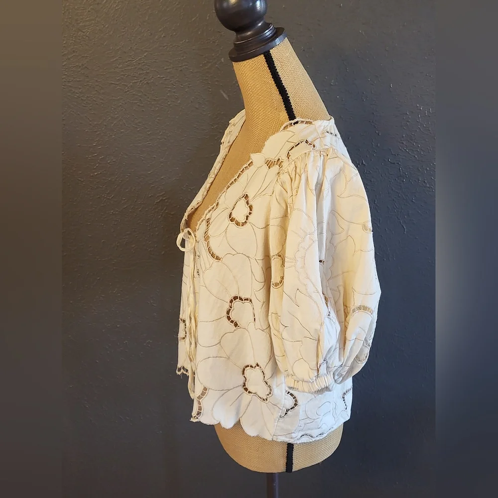Free People Medium Cream/Ecru Lace Tie Front Blouse - Picture 3 of 10